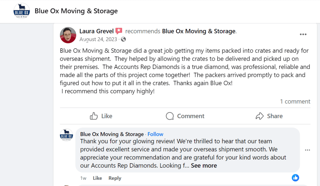 Blue Ox Facebook Review